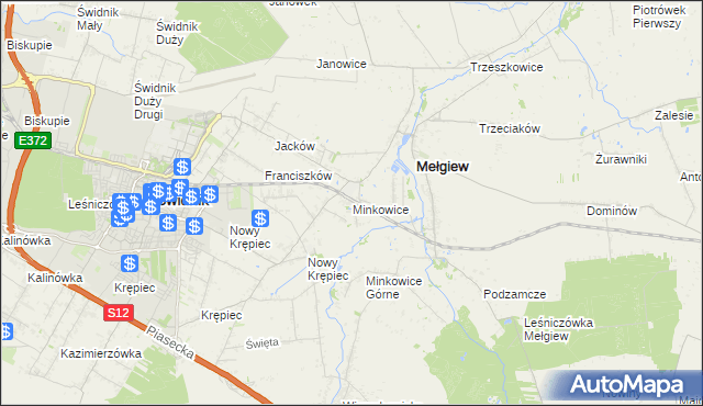 mapa Minkowice gmina Mełgiew, Minkowice gmina Mełgiew na mapie Targeo
