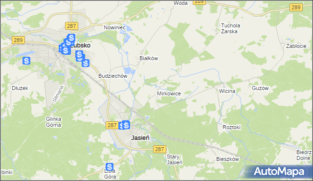 mapa Mirkowice gmina Jasień, Mirkowice gmina Jasień na mapie Targeo