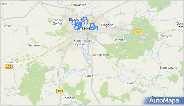 mapa Mirosławice gmina Trzebiatów, Mirosławice gmina Trzebiatów na mapie Targeo