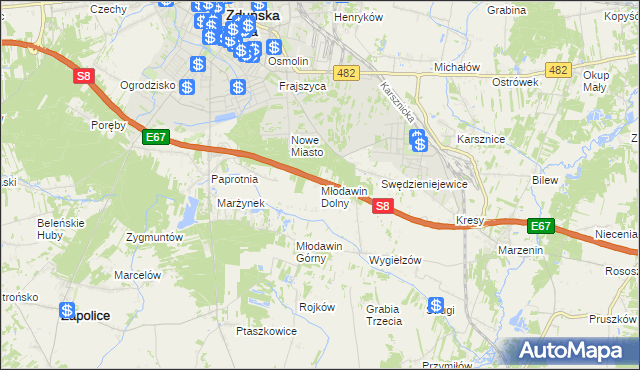 mapa Młodawin Dolny, Młodawin Dolny na mapie Targeo