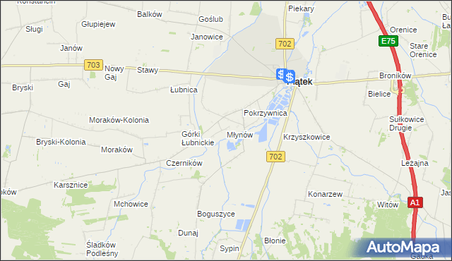 mapa Młynów gmina Piątek, Młynów gmina Piątek na mapie Targeo