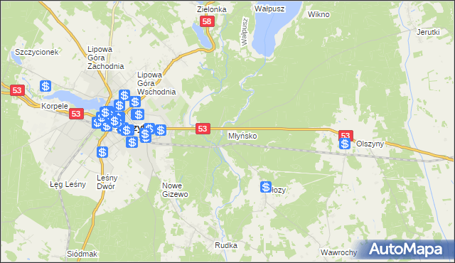 mapa Młyńsko gmina Szczytno, Młyńsko gmina Szczytno na mapie Targeo