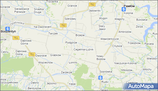 mapa Modrzewie gmina Pawłów, Modrzewie gmina Pawłów na mapie Targeo