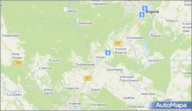 mapa Mostki gmina Staszów, Mostki gmina Staszów na mapie Targeo
