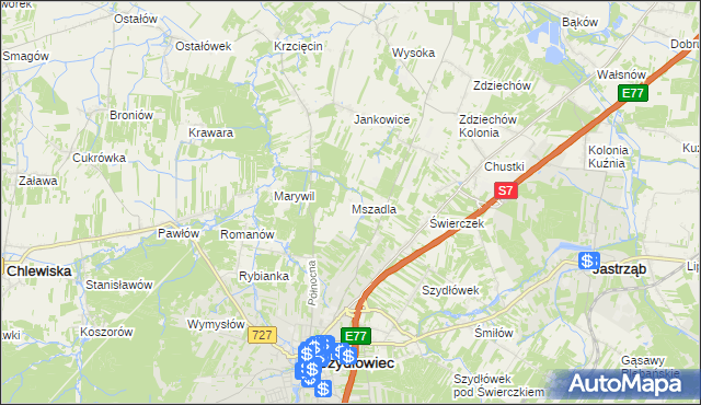 mapa Mszadla gmina Szydłowiec, Mszadla gmina Szydłowiec na mapie Targeo