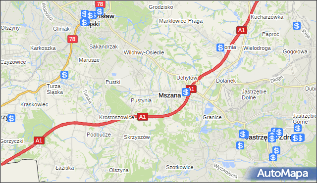 mapa Mszana powiat wodzisławski, Mszana powiat wodzisławski na mapie Targeo