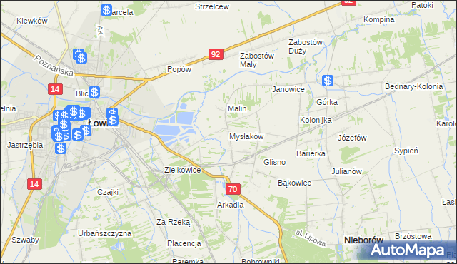 mapa Mysłaków gmina Nieborów, Mysłaków gmina Nieborów na mapie Targeo
