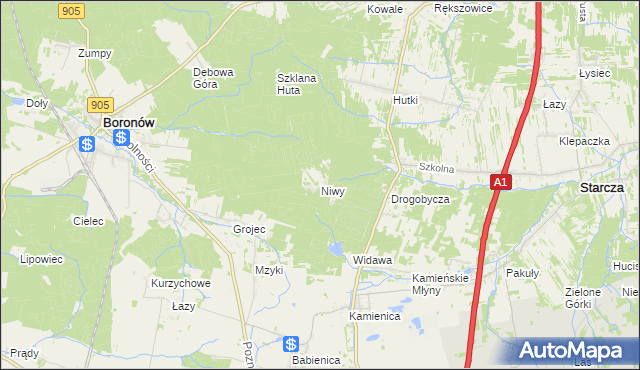 mapa Niwy gmina Woźniki, Niwy gmina Woźniki na mapie Targeo