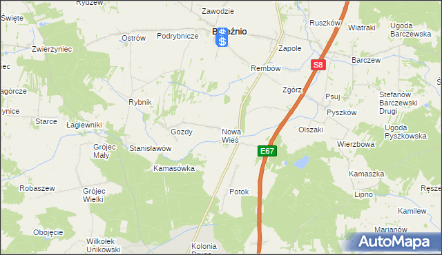 mapa Nowa Wieś gmina Brzeźnio, Nowa Wieś gmina Brzeźnio na mapie Targeo