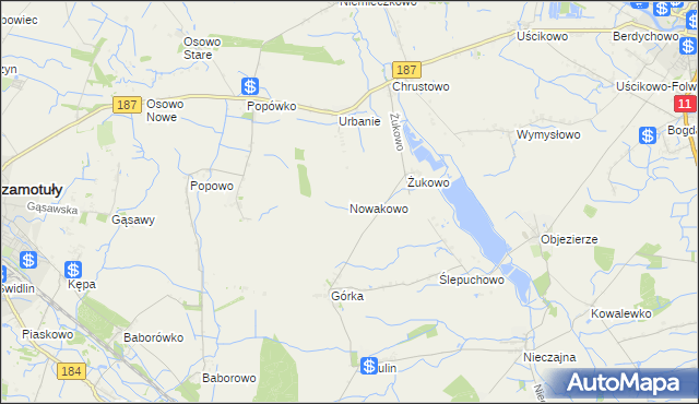 mapa Nowakowo gmina Oborniki, Nowakowo gmina Oborniki na mapie Targeo