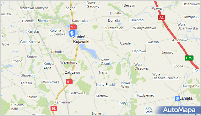 mapa Nowe Czaple gmina Lubień Kujawski, Nowe Czaple gmina Lubień Kujawski na mapie Targeo