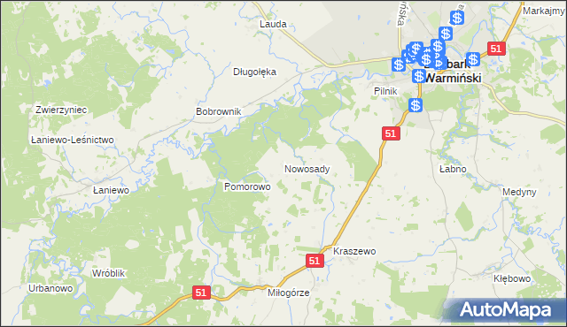 mapa Nowosady gmina Lidzbark Warmiński, Nowosady gmina Lidzbark Warmiński na mapie Targeo