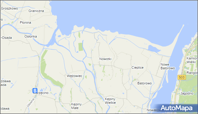 mapa Nowotki gmina Elbląg, Nowotki gmina Elbląg na mapie Targeo