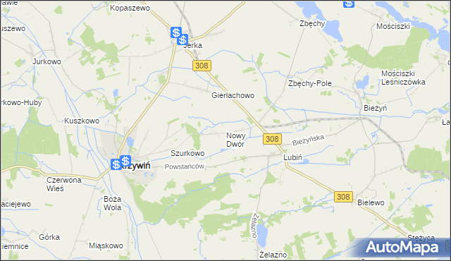 mapa Nowy Dwór gmina Krzywiń, Nowy Dwór gmina Krzywiń na mapie Targeo