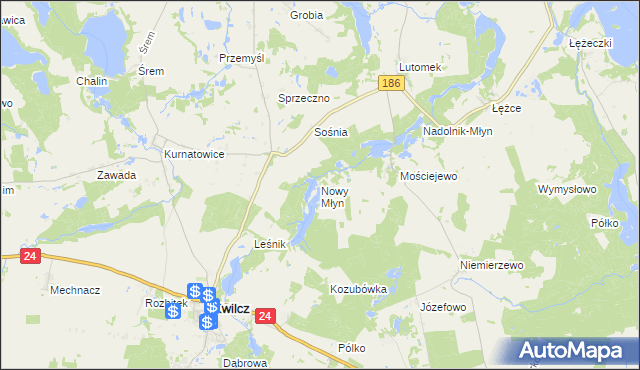 mapa Nowy Młyn gmina Kwilcz, Nowy Młyn gmina Kwilcz na mapie Targeo