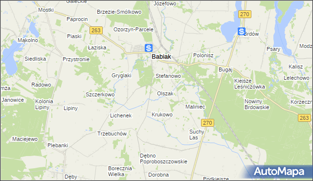mapa Olszak gmina Babiak, Olszak gmina Babiak na mapie Targeo