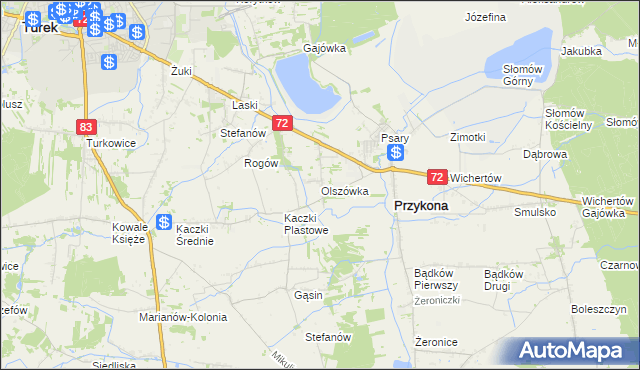 mapa Olszówka gmina Przykona, Olszówka gmina Przykona na mapie Targeo