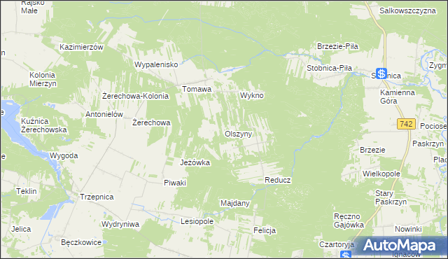 mapa Olszyny gmina Łęki Szlacheckie, Olszyny gmina Łęki Szlacheckie na mapie Targeo