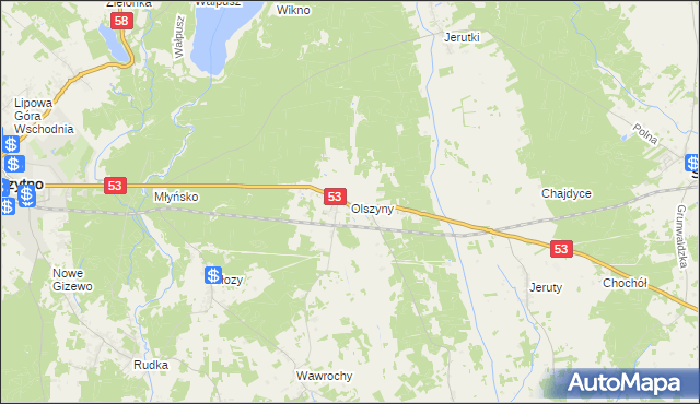 mapa Olszyny gmina Szczytno, Olszyny gmina Szczytno na mapie Targeo