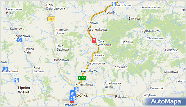 mapa Orawka gmina Jabłonka, Orawka gmina Jabłonka na mapie Targeo