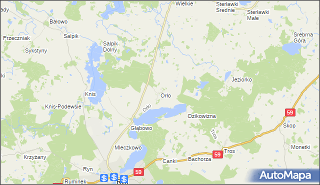 mapa Orło gmina Ryn, Orło gmina Ryn na mapie Targeo