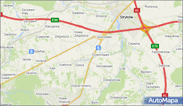 mapa Orzechówek gmina Stryków, Orzechówek gmina Stryków na mapie Targeo