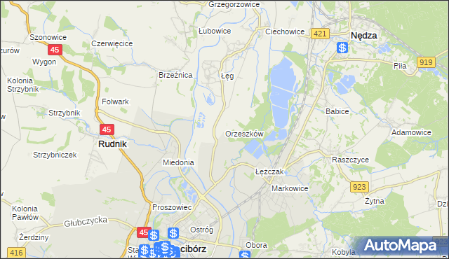 mapa Orzeszków gmina Nędza, Orzeszków gmina Nędza na mapie Targeo