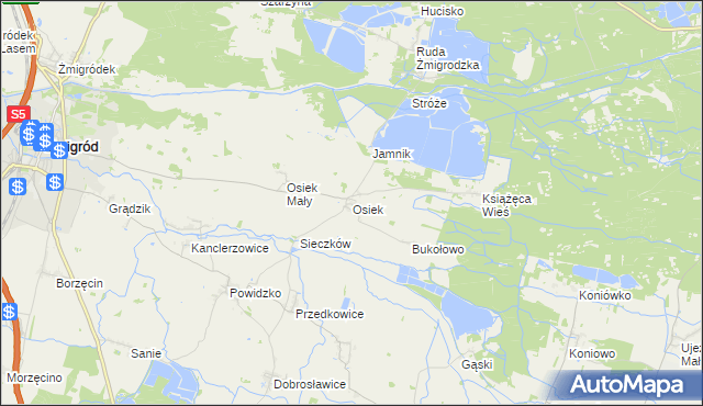 mapa Osiek gmina Żmigród, Osiek gmina Żmigród na mapie Targeo