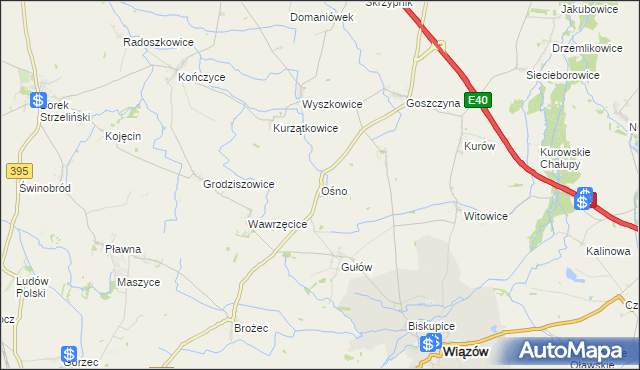 mapa Ośno gmina Wiązów, Ośno gmina Wiązów na mapie Targeo