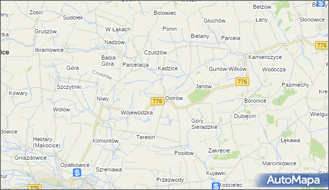 mapa Ostrów gmina Proszowice, Ostrów gmina Proszowice na mapie Targeo