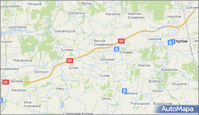 mapa Ostrowiec gmina Chynów, Ostrowiec gmina Chynów na mapie Targeo