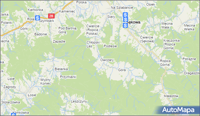 mapa Owczary gmina Sękowa, Owczary gmina Sękowa na mapie Targeo