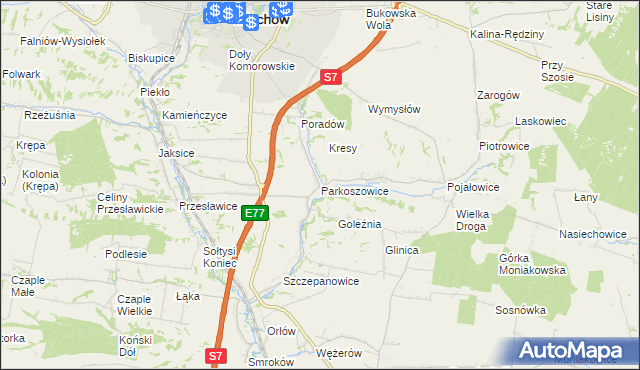mapa Parkoszowice gmina Miechów, Parkoszowice gmina Miechów na mapie Targeo