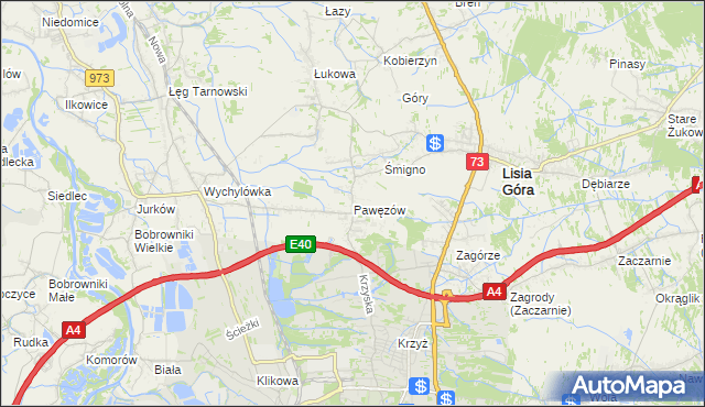 mapa Pawęzów gmina Lisia Góra, Pawęzów gmina Lisia Góra na mapie Targeo