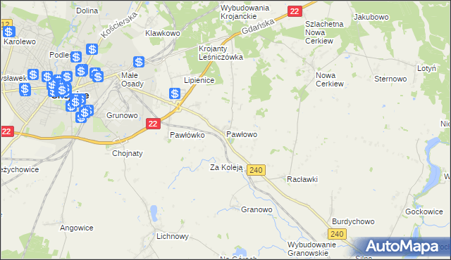 mapa Pawłowo gmina Chojnice, Pawłowo gmina Chojnice na mapie Targeo