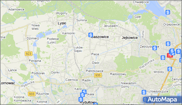 mapa Piece gmina Gaszowice, Piece gmina Gaszowice na mapie Targeo