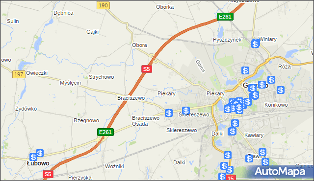 mapa Piekary gmina Gniezno, Piekary gmina Gniezno na mapie Targeo