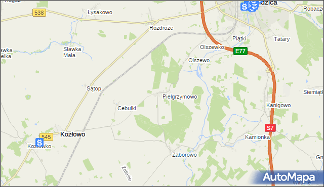 mapa Pielgrzymowo gmina Kozłowo, Pielgrzymowo gmina Kozłowo na mapie Targeo