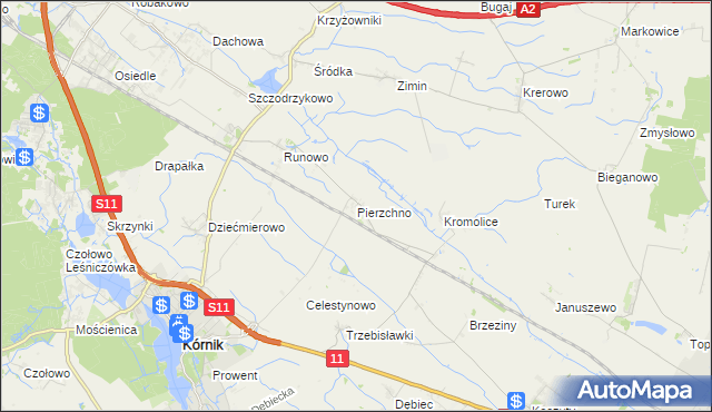 mapa Pierzchno gmina Kórnik, Pierzchno gmina Kórnik na mapie Targeo