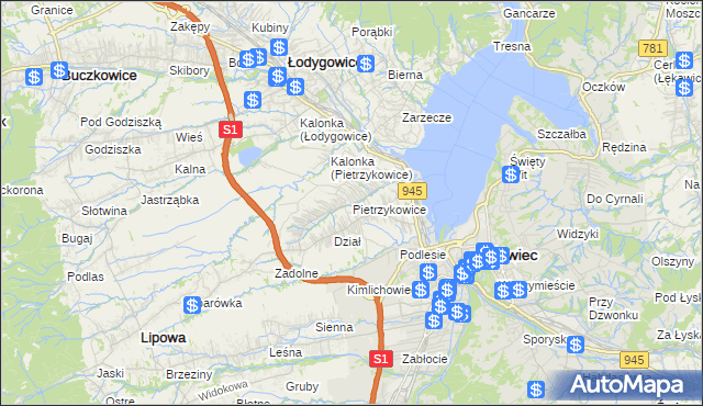 mapa Pietrzykowice gmina Łodygowice, Pietrzykowice gmina Łodygowice na mapie Targeo