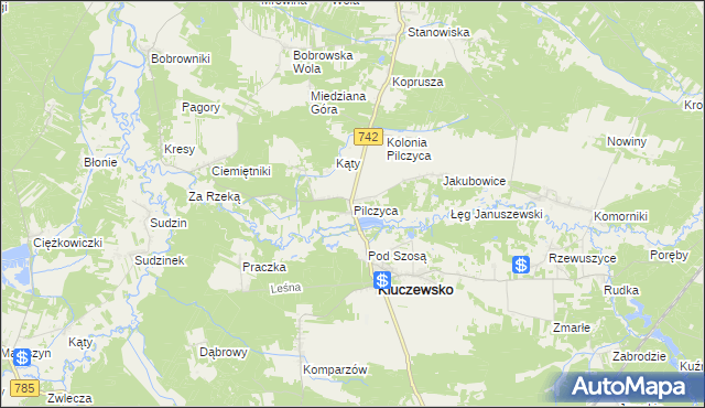 mapa Pilczyca gmina Kluczewsko, Pilczyca gmina Kluczewsko na mapie Targeo