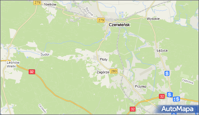 mapa Płoty gmina Czerwieńsk, Płoty gmina Czerwieńsk na mapie Targeo