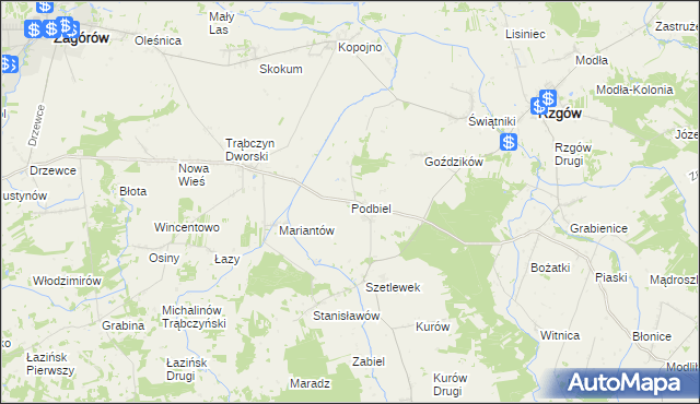 mapa Podbiel gmina Zagórów, Podbiel gmina Zagórów na mapie Targeo