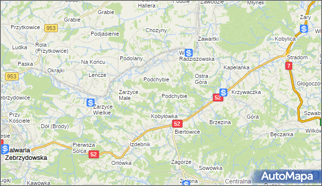 mapa Podchybie gmina Lanckorona, Podchybie gmina Lanckorona na mapie Targeo