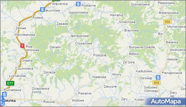 mapa Podszkle gmina Czarny Dunajec, Podszkle gmina Czarny Dunajec na mapie Targeo