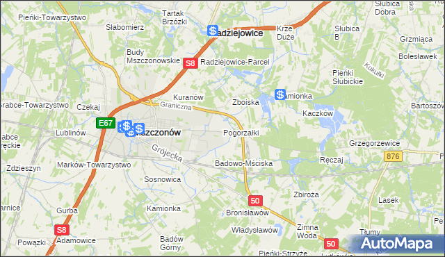 mapa Pogorzałki gmina Mszczonów, Pogorzałki gmina Mszczonów na mapie Targeo