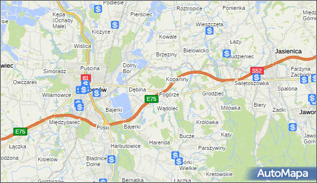 mapa Pogórze gmina Skoczów, Pogórze gmina Skoczów na mapie Targeo