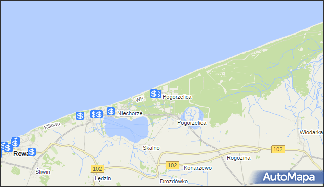 mapa Pogorzelica gmina Rewal, Pogorzelica gmina Rewal na mapie Targeo