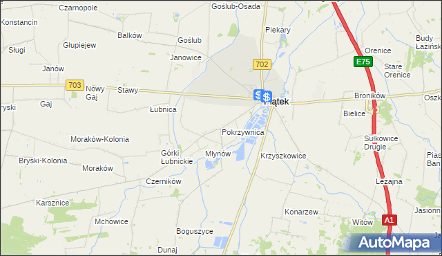 mapa Pokrzywnica gmina Piątek, Pokrzywnica gmina Piątek na mapie Targeo