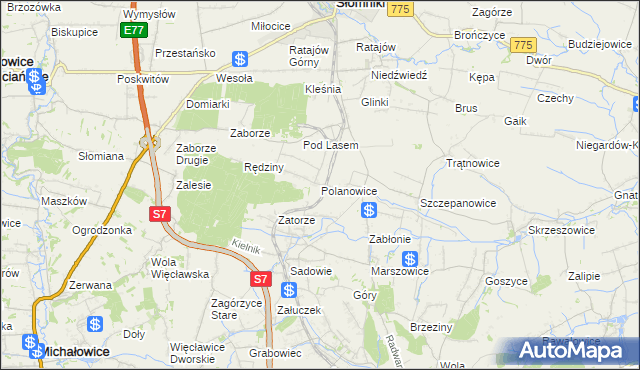 mapa Polanowice gmina Słomniki, Polanowice gmina Słomniki na mapie Targeo